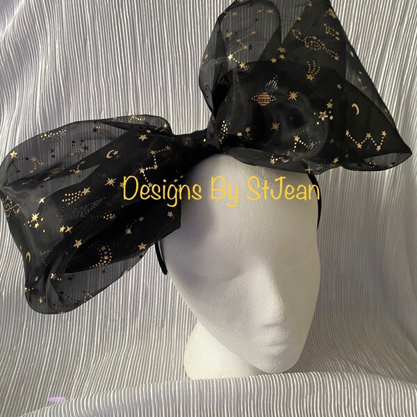 Black & Gold 15” Oversized Hair Bow, Fascinator, Halloween, Gothic, Celestial Moon, Stars, shooting star, music note, flying saucer