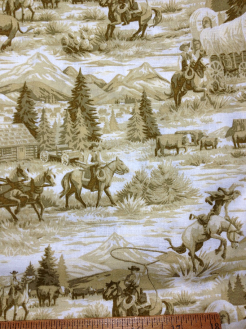 Horses Wagons Home /& Living West Trees Valance Accessories Cowboys Allover Yellow Green Cabin Window Scenic Toile
