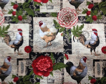 French Rooster Fabric: Farmhouse Style Quilting, Sewing, Crafts BTY,  32", 27"