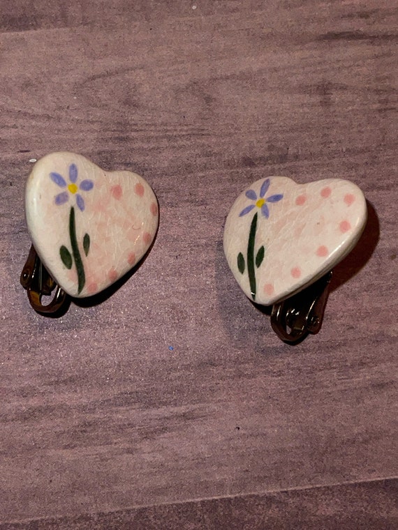 Beautiful vintage porcelain hearts clip-on earrin… - image 5