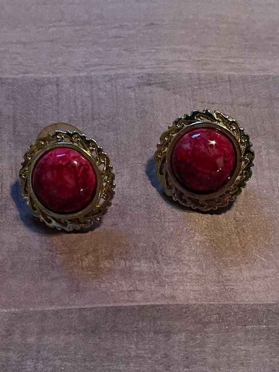 Vintage Gold tone and red coral colored red pierc… - image 1