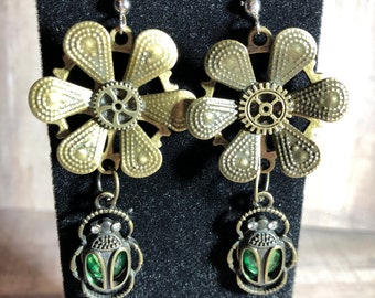 Steampunk Green Beetle Dangling Earrings