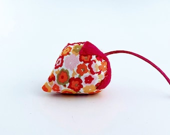 Catnip Strawberry Cat Toy: Colorful Spring Flowers Fabric, Deep Pink Top & Stem, Organic Catnip