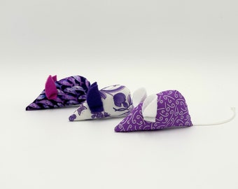 Lila Lavendel Set von 3 Katzenminze Mäuse, Katzenspielzeug Frühling oder Sommer, Blumen, Fisch Drucke