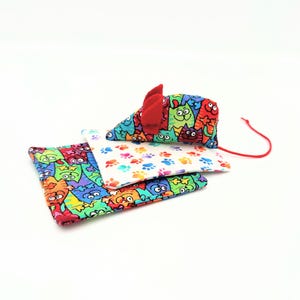 Gift set of 2 mug coasters and a catnip mouse cat toy, paw prints, cartoon kittens, cat toy and coasters