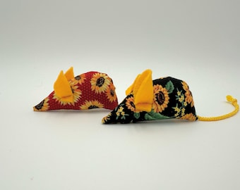 Catnip mice cat toys, Set of 2, sunflowers, yellow red black, floral mouse