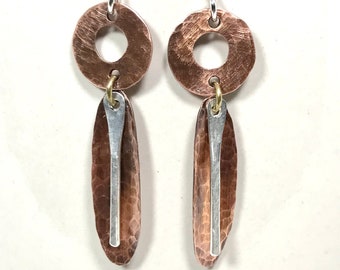 Copper Washer And Oval Earrings/Sterling Silver/Copper/Hammered/Handcrafted/Sterling Silver Ear Wires