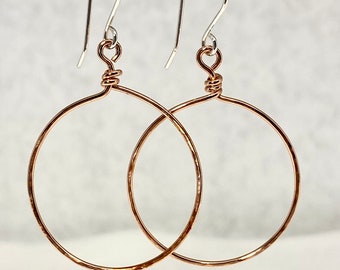 Copper Hoop Earrings/Copper Wire Wrapped Hoops/Handcrafted/Sterling Silver Ear Wires