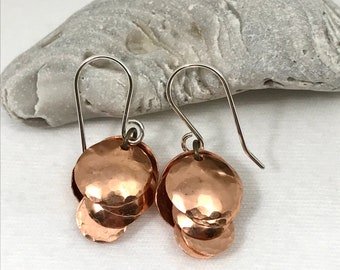 Copper Cluster Earrings/Circles/Hammered/Dapped/Four Layers/Handcrafted/Sterling Silver Ear Wires