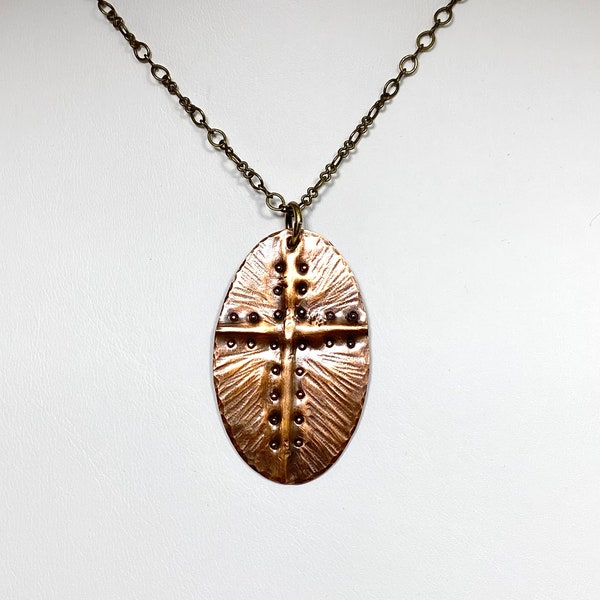 Copper Fold Formed Oval Pendant Necklace/Cross Design/Hammered/Antique Finish/Brass Chain/Handcrafted/Religious