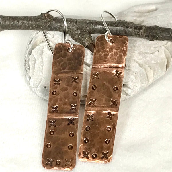 Copper Rectangle Earrings/Fold Formed Earrings/Stamped Crosses and Dots/Patina/Hammered/Hand Crafted/Textured/Sterling Silver Ear Wires