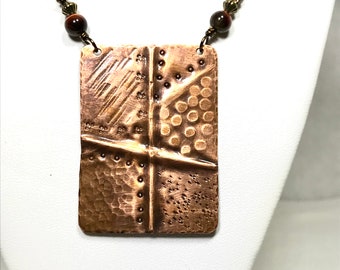Copper Fold Formed Rectangle Pendant Necklace/Hand Stamped/Hammered/Antique Finish/Red Tiger's Eye Stones/Brass Chain/Handcrafted