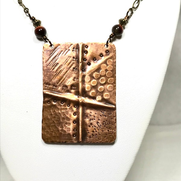 Copper Fold Formed Rectangle Pendant Necklace/Hand Stamped/Hammered/Antique Finish/Red Tiger's Eye Stones/Brass Chain/Handcrafted