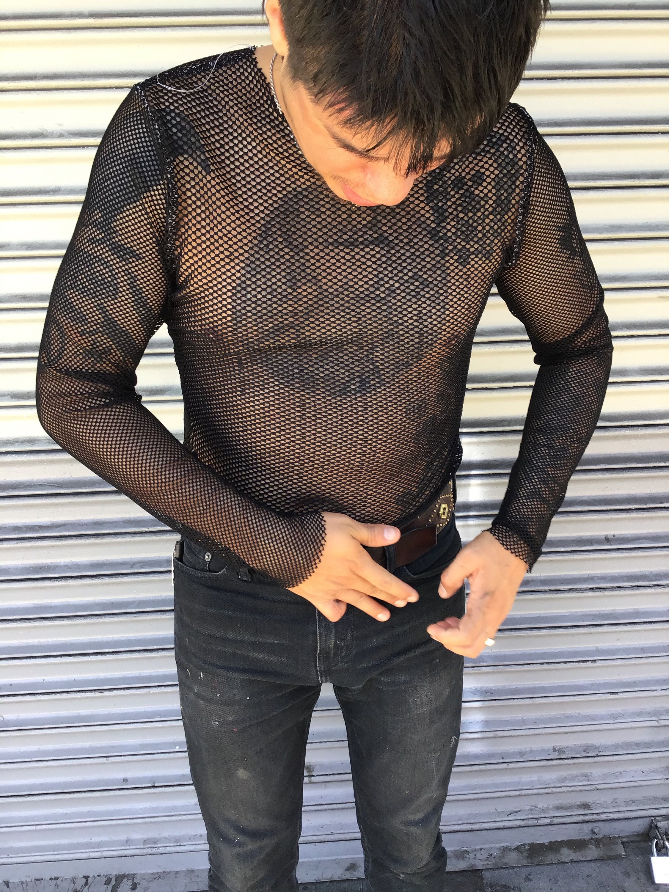 Black Rhinestone Crystal Mesh Unisex Fishnet T-shirt, Perfect for