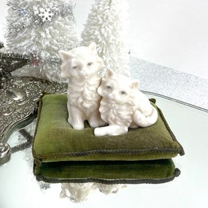 Vintage Ardalt Porcelain Cat Figurines on Green Velvet Cushion