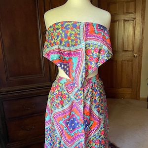 Vintage 1960s Janet Lynn button front maxi Skirt and matching scarf / top in neon paisley pattern
