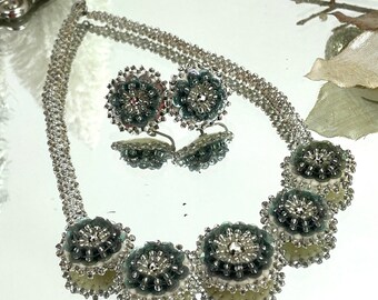 1950s hand beaded sequin pendant necklace and screw back earrings set with felt backing
