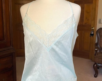 1990s Cindy Ann baby blue 100% nylon camisole top with lace trim and spaghetti straps womens size medium