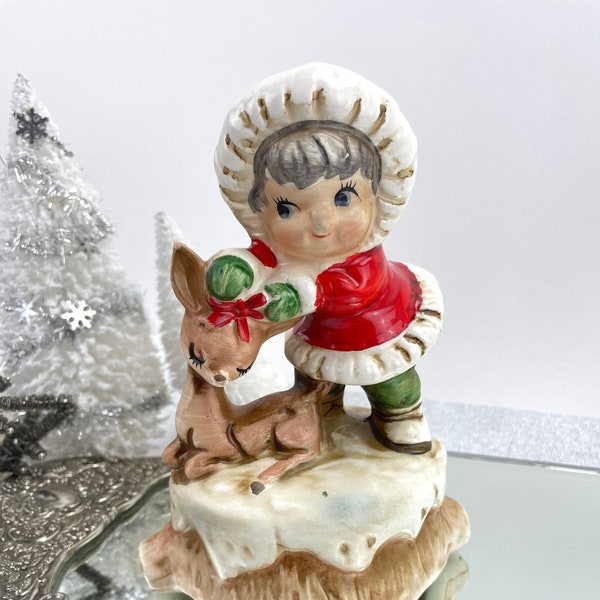 1950s Lefton ceramic Eskimo girl with deer working music box Christmas decoration