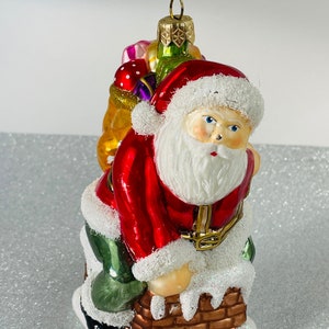 Vintage Hand Blown Glass Santa Ornament: Climbing Chimney with Presents
