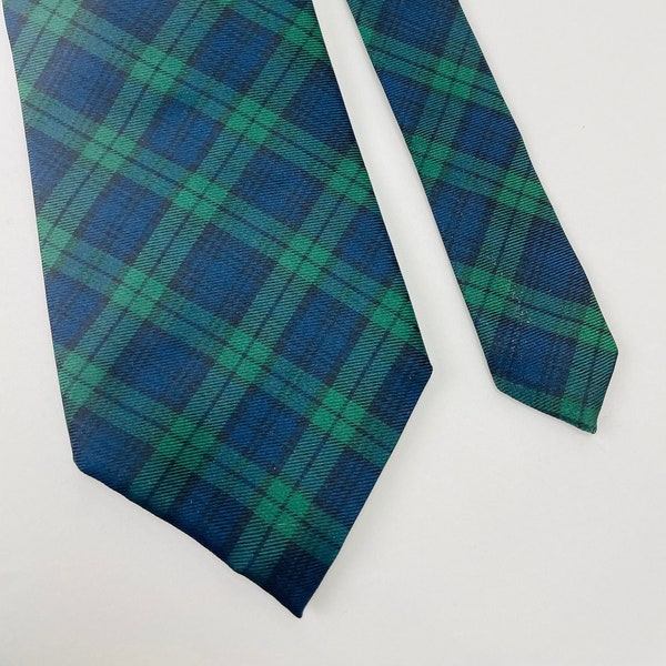 1990s Charlston Black Watch Tartan 100% silk green and navy blue plaid tie By Tie Rack Made in Scotland