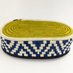 1980s African Bread Basket Made of Blue Yellow and Beige Sweetgrass and