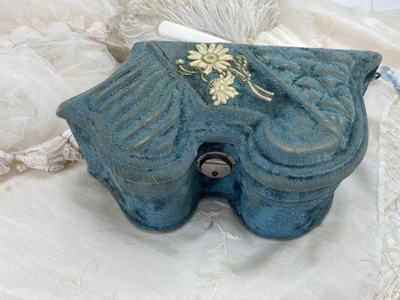 1800s Antique French blue velvet covered jewelry … - image 2