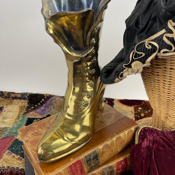 Vintage brass victorian ladies high heeled boot flower vase 1960s