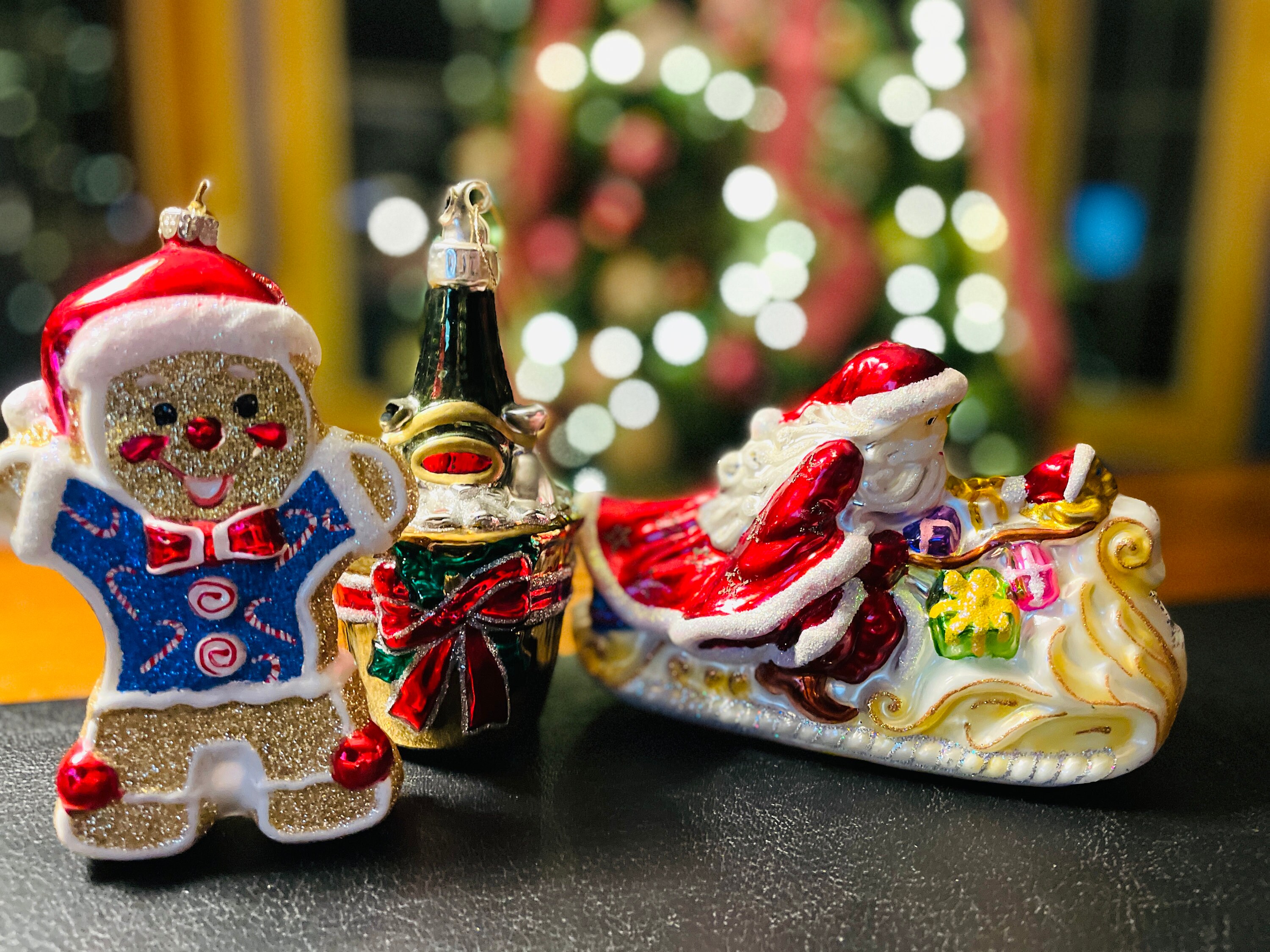 1990s Vintage Lot of 3 Damaged Hand blown glass holiday Christmas tree decorations champagne bucket gingerbread man Santa on sleigh