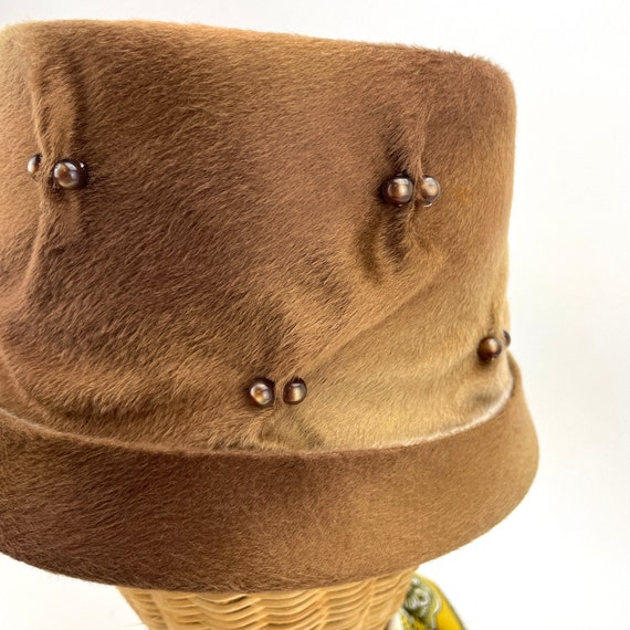 Brown brushed alpaca pillbox hat with bead decora… - image 4