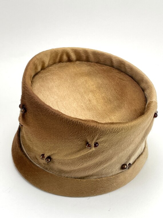 Brown brushed alpaca pillbox hat with bead decora… - image 9