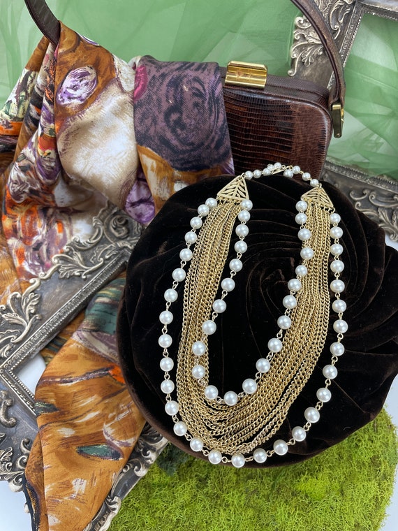 Vintage multi strand gold chain and pearl necklac… - image 3