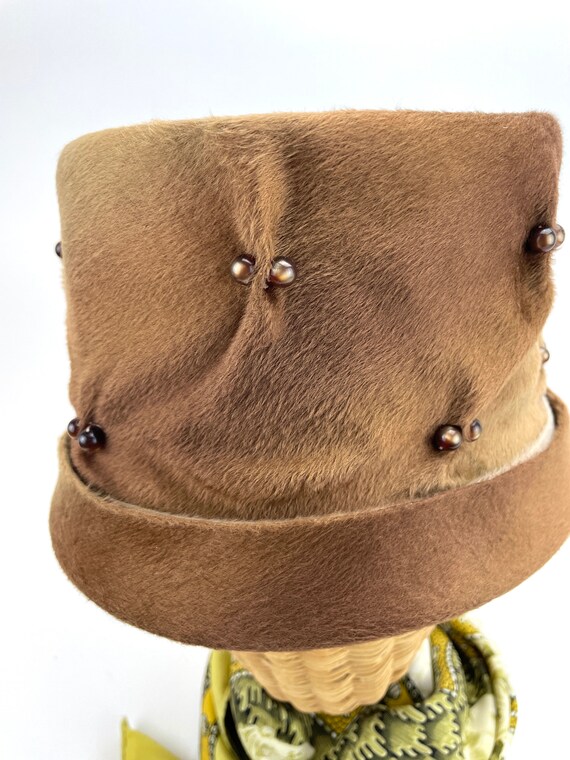 Brown brushed alpaca pillbox hat with bead decora… - image 5