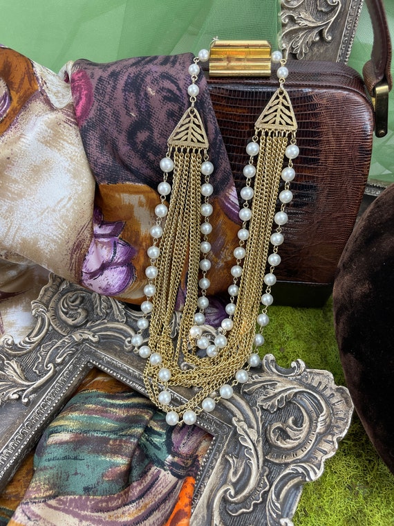 Vintage multi strand gold chain and pearl necklac… - image 1