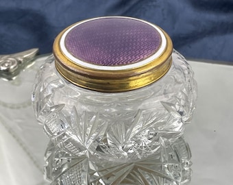R Vintage 1930's Cut glass crystal vanity jar with purple ormolu lid with gold tone trim.