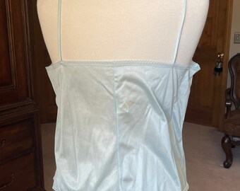 90s Cindy Ann Blue Nylon Camisole Top: Lace Trim, Spaghetti Straps