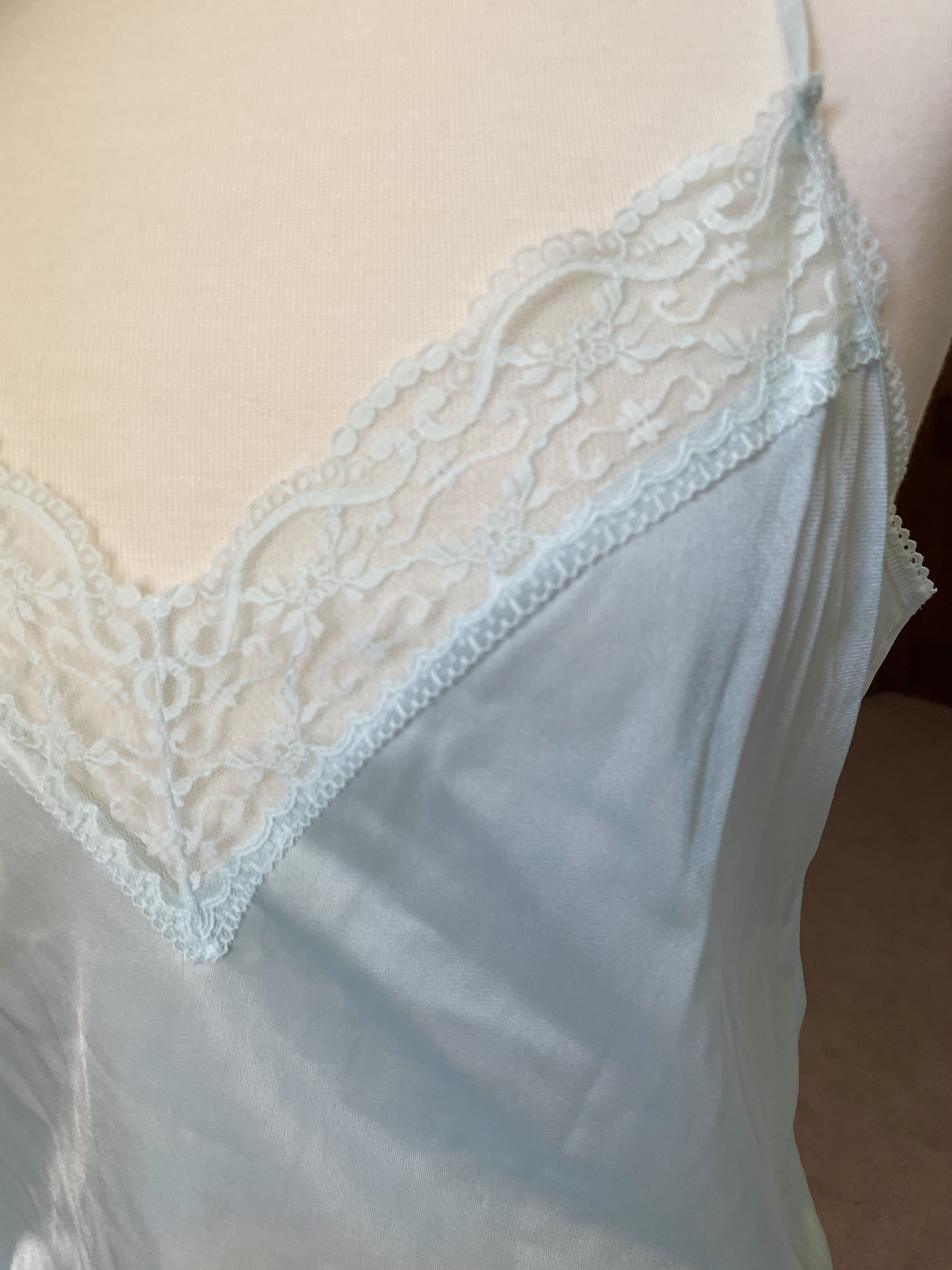 90s Cindy Ann Blue Nylon Camisole Top: Lace Trim, Spaghetti Straps