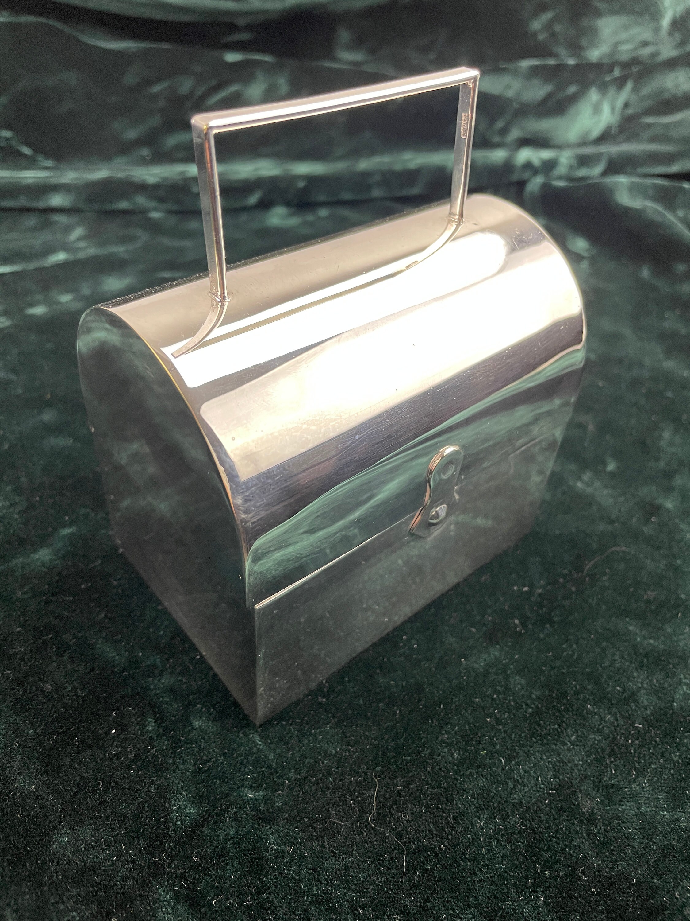 1950s Lunch box style hinged silver plated trinket or jewelry box with handle and stunning blue velvet lining made in Portugalthumbnail
