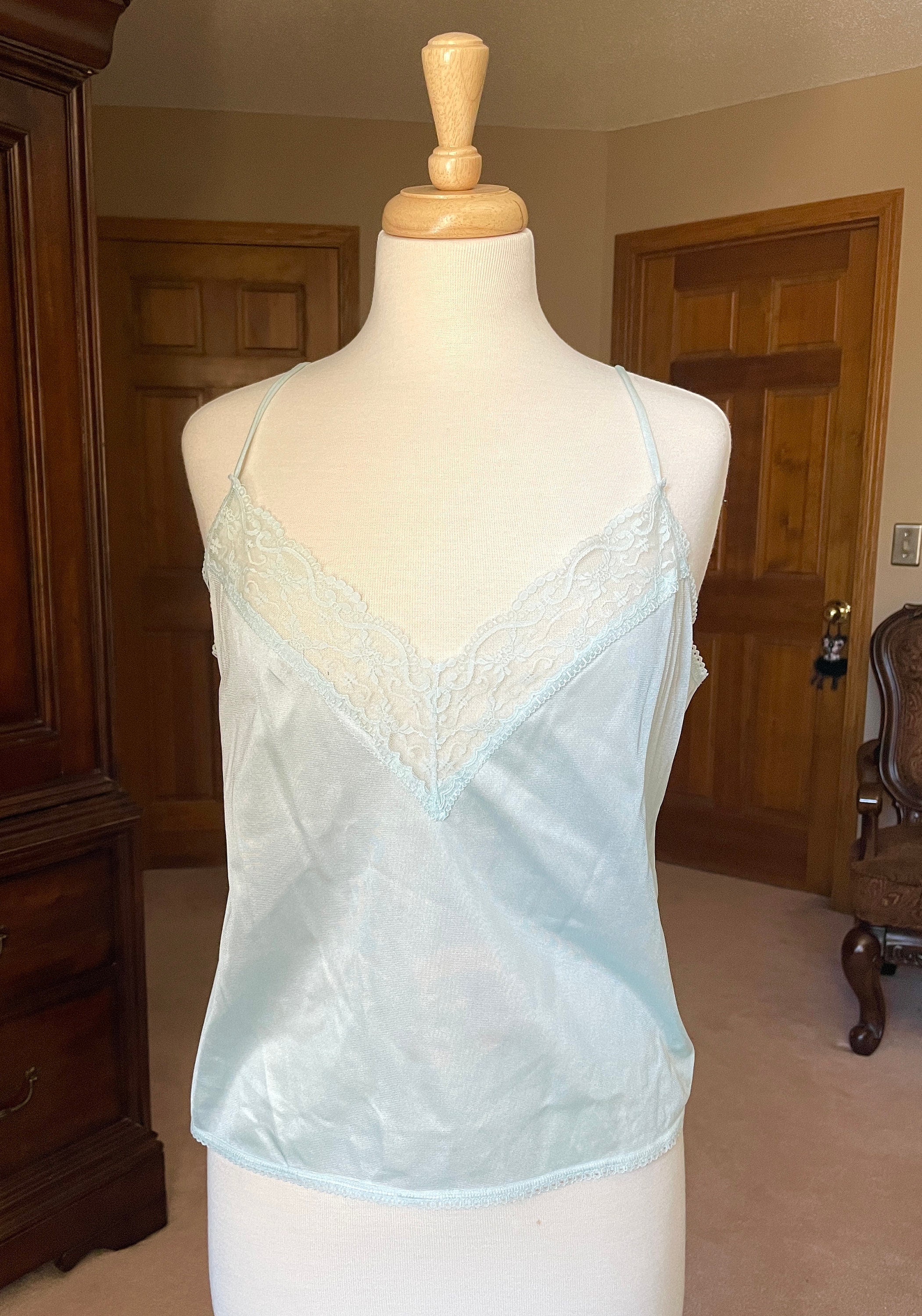 90s Cindy Ann Blue Nylon Camisole Top: Lace Trim, Spaghetti Straps