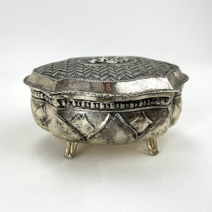 1960s Silver Tone Trinket Box: Vintage Ornate Jewelry Box with Rose