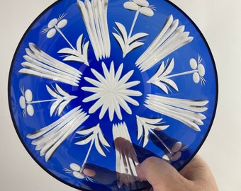 1990s Bohemia-Czech Ajka cut to clear hand cut crystal cobalt blue vintage bowl
