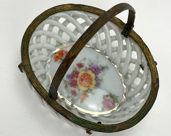 1950s miniature porcelain trinket basket with brass handle and rim white with multicolor floral design