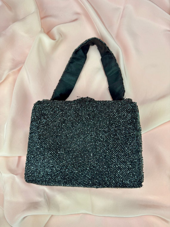 1930s Rectangular black beaded evening purse with… - image 1