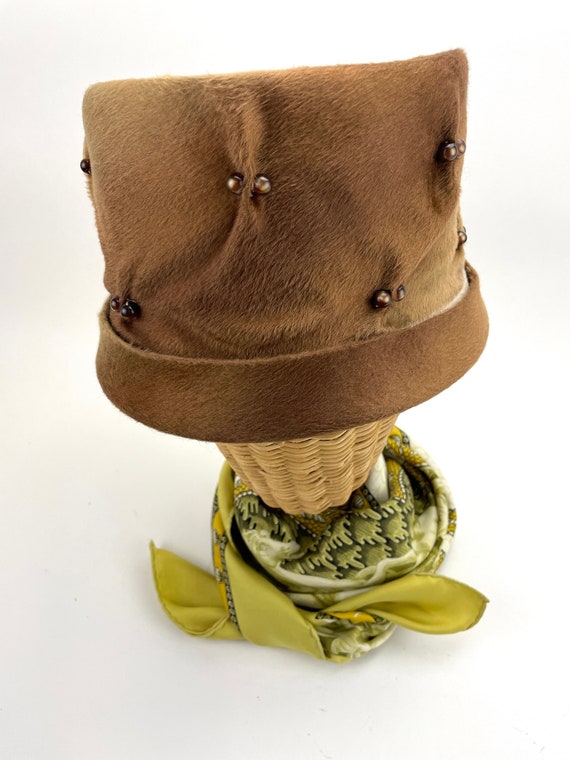 Brown brushed alpaca pillbox hat with bead decora… - image 1