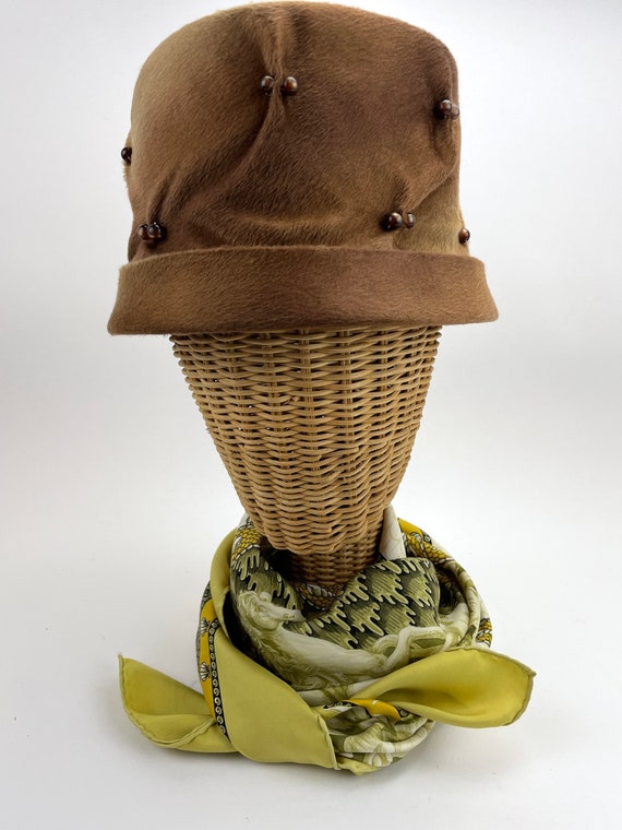 Brown brushed alpaca pillbox hat with bead decora… - image 3