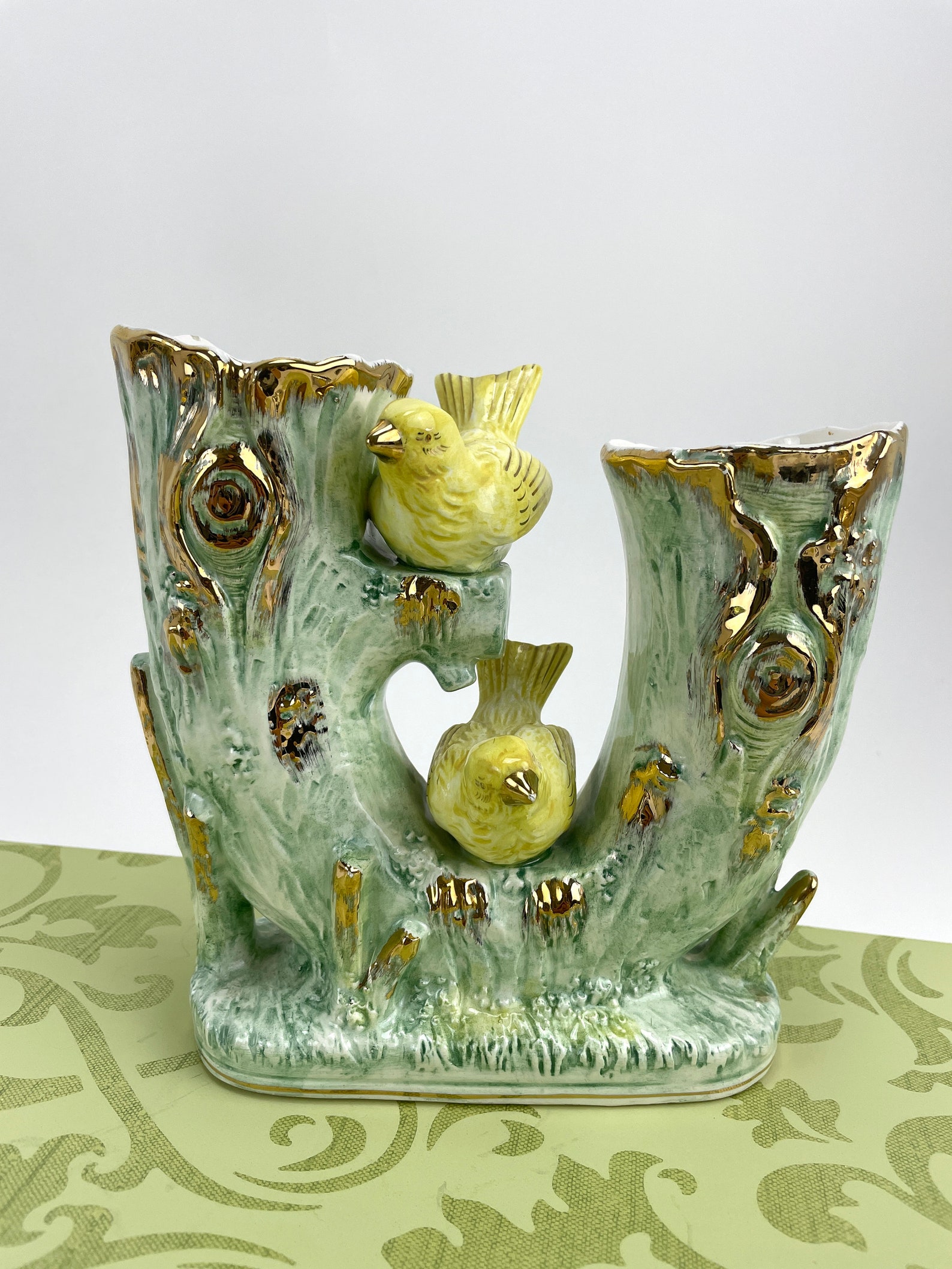 Vintage Ucagco Ceramics yellow bird vase with gold detailing Etsy