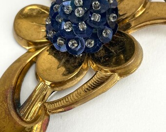 Vintage 1930's-40's Floral Brooch Pin Navy sequins and gold tone finish