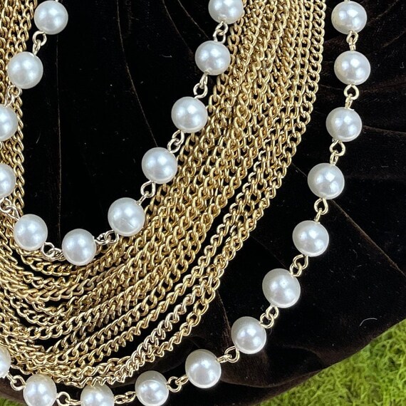 Vintage multi strand gold chain and pearl necklac… - image 6