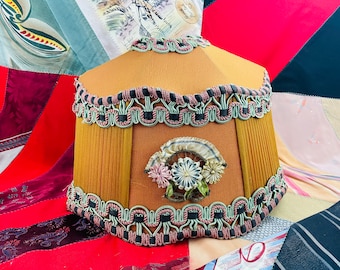 1920s Orange Silk Pleated Lampshade with ornate black green and pink braided trim and floral ribbon decoration antique home decor