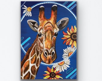 5" x 7"  - Giraffe Sunflower Daisy - Small Art Print - Jerika Renee Art - . Free Shipping